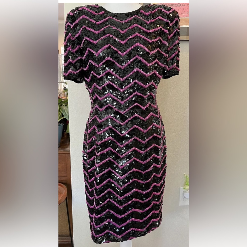 Vtg Joan Leslie Pink Black Zig Zag Chevron Sequin Bead Party NYE Holiday Dress 8